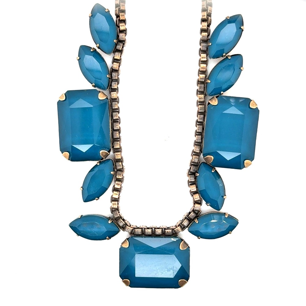 Loren Hope Teal Blue Crystal Statement Necklace Antiqued Brass Bib Necklace